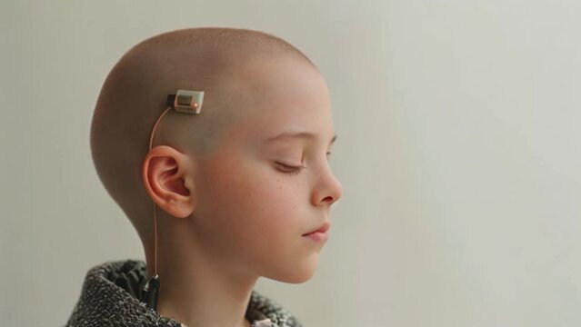 young male child wearing brain microchip innovative technology on head Generative AI