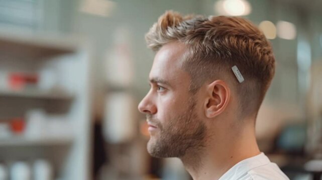 male wearing brain microchip implant technology on head Generative AI