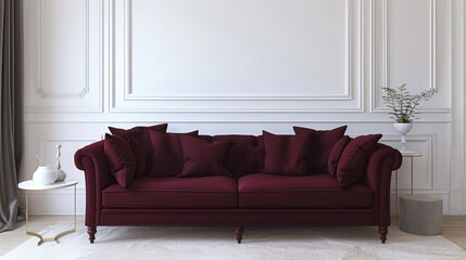 An AI-controlled sofa in a rich burgundy against a pearl white wall, creating a deep and inviting contrast in a refined bedroom