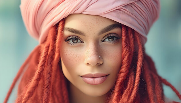 model, frau, haut, sch&ouml;nheit, portrait, Sommersprossen, afro, turban, Haarband, hippie, indie, close up, gesicht, l&auml;chelnd, drealoacks, rote, haare, pink, rosa, pastel, schon, werbung, make-up, modern