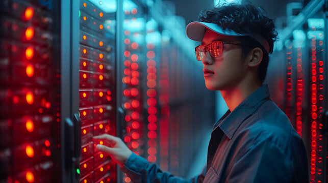 oung Asian man with red glasses working in data center server room, engineer using computer for internet network connection and technology information on dark background.