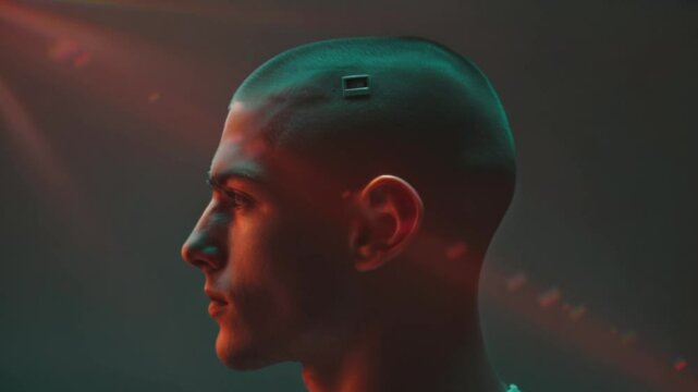 abstract male wearing brain microchip implant innovative technology on his head Generative AI