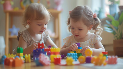 Fototapeta premium happy preschool children playing together with colorful toys at kindergarten