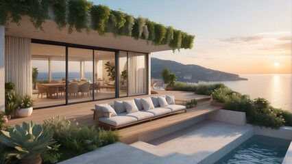 Fototapeta premium Beautiful villa with a soothing garden by the sea