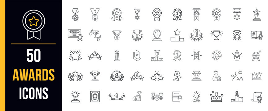 awards  icons in line style. award icon set containing badge, trophy, certificate, and more