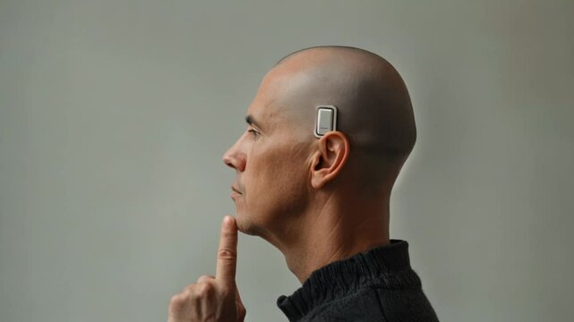 older male wearing brain microchip implant innovative technology on his head Generative AI