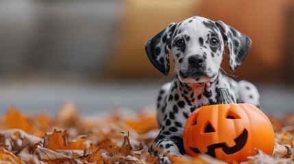 A cute Dalmatian puppy poses with a Jack-o'-lantern amidst colorful autumn leaves, presenting an adorable holiday-themed photograph with warm seasonal vibes.