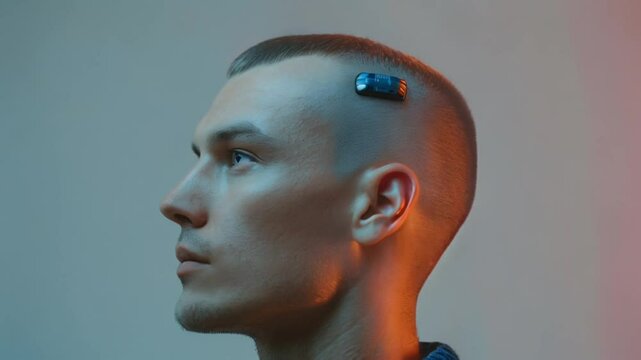 male wearing brain microchip implant innovative technology on his head Generative AI