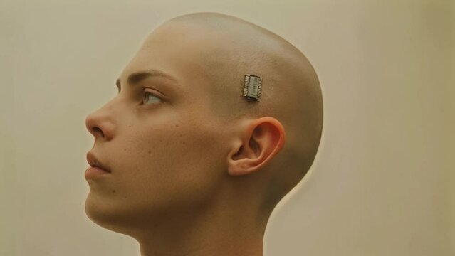 male wearing brain microchip implant innovative technology on head Generative AI