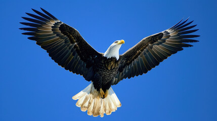 Fototapeta premium A large eagle with a white head and yellow beak flies with its wings fully spread against a bright blue sky.