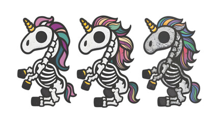 Fototapeta premium Unicorn Skeleton Vector Set - Collection of 3 Artistic, Hand-Drawn Unicorn Skeleton Illustrations