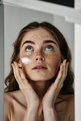 A young woman with freckles is applying white cream to her face while looking in the mirror.

