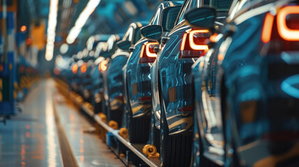 Obraz premium Cars with bright tail lights are lined up in a factory, positioned closely together on an assembly line. The environment is brightly lit.