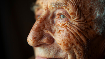 Close-up of an elderly person's eye and textured, freckled skin.