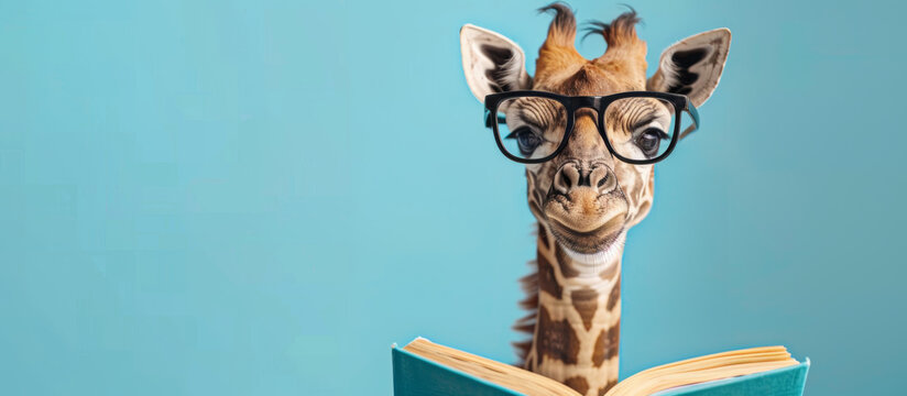 Funny little giraffe with glasses reading book on pastel blue background. Education, back to school, learning, knowledge concept