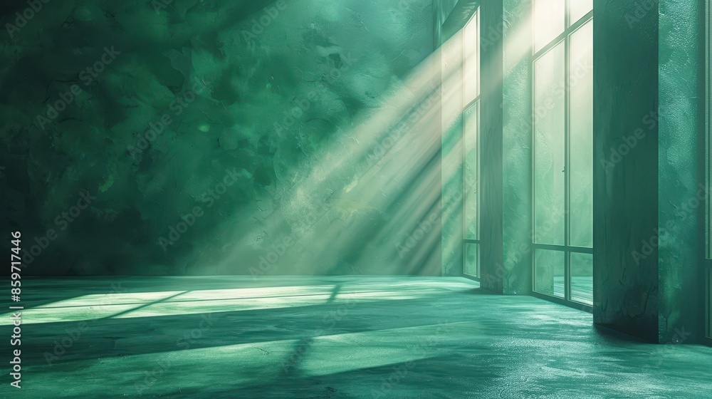 Poster soft sunlight streams through large windows in an empty green room, casting gentle shadows on the fl