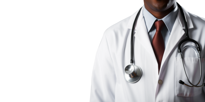 Portrait of a doctor  in white coat with stethoscope, isolated on transparent background