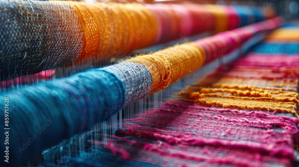 Poster this image showcases vibrant threads meticulously arranged on a loom, as they interweave to create c