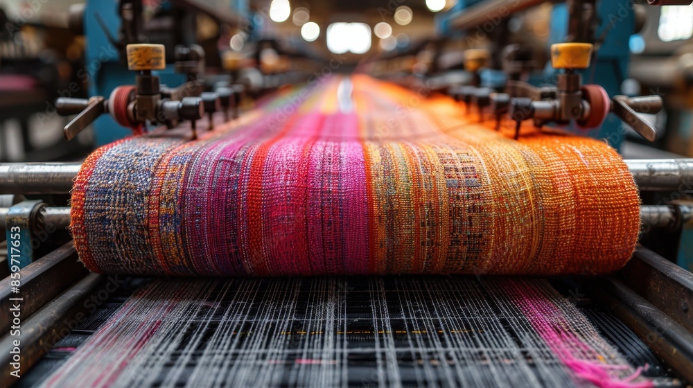 Poster a vivid image depicting the vibrant production of woven fabric on a modern weaving loom, showcasing 