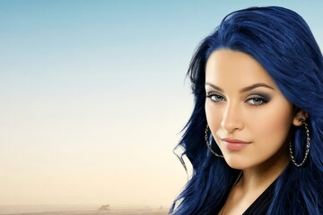 beautiful young woman with blue hair on beach background