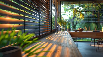 Bright and airy eco-friendly kitchen featuring modern wooden decor, large windows with blinds, potted plants, and natural light pouring in, creating a warm and inviting atmosphere.