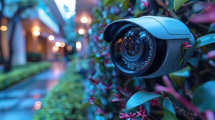 Close-up of an outdoor security camera with infrared sensors, positioned among vibrant flowers and capturing a view of a modern walkway with lights in the background.