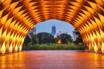 Chicago Skyline through Wooden Arch in Lincoln Park