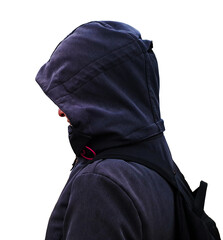 A female person in a dark suit with a hood on her head. Transparent PNG image