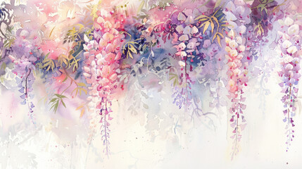 Delicate purple and pink flowers hang gracefully from green vines, painted in soft watercolor with subtle shades of white and light colors.