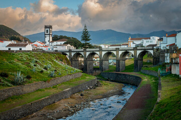 Central square of Ribeira Grande and the Bridge Ponte dos Oito Arcos, at Sao Miguel Island, Azores,...