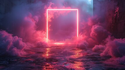 A vivid neon square frame illuminated by reddish-pink mist with enigmatic allure, set against a dim, tiled, and reflective floor creating a dreamlike and surreal setting.