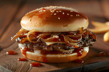 A gourmet fast food burger with caramelized onions and special sauce