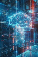 Naklejka premium Image of a neural artificial intelligence brain in a factory lab, showcasing futuristic research