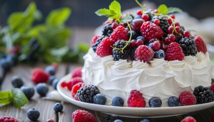Ultra sharp image capturing mouthwatering white cake topped with luscious white cream, juicy berries