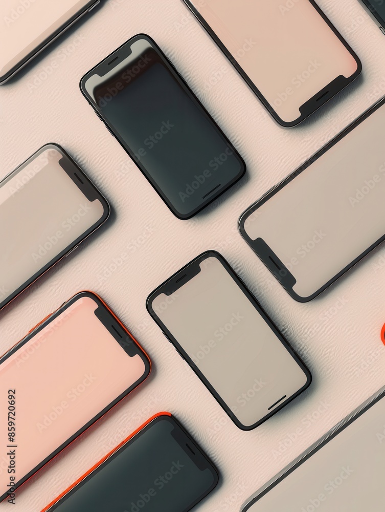 Aufkleber An overhead shot of multiple modern smartphones, arranged in various angles, against a white background. Generative AI
