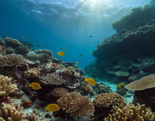 coral reef and diver widh fishes