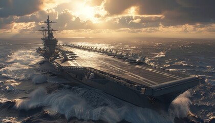 Ultra sharp image showcasing formidable military navy ship carrier housing fighter jet aircraft