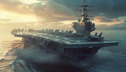Ultra sharp image showcasing formidable military navy ship carrier housing fighter jet aircraft