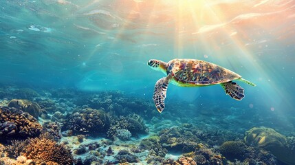 Obraz premium Sea turtle swimming in sunny turquoise waters with banner and space for text
