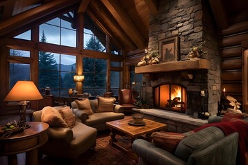 Interior of a cozy chalet in the mountains. 3d rendering