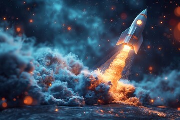 Space-Themed Startup Concept Illustration with Laptop, Rocket, and Generative AI Technology on Blue Background