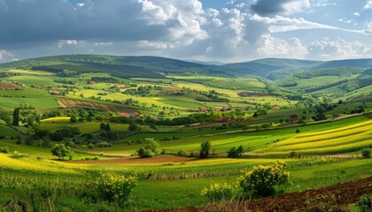 Showcase of the stunning Romanian countryside under radiant springtime sunlight, with rolling hills