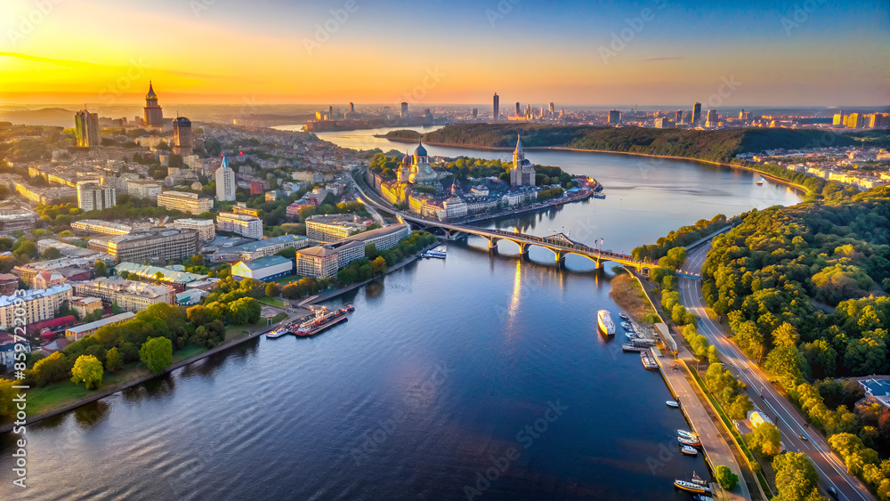 Wall mural aerial drone view. view of the dnieper river and the podil district in kiev in the early morning. - Wall murals