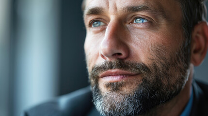 Fototapeta premium A bearded man looking thoughtful, with blue eyes, dressed in a dark suit against a blurred background. His face is in sharp focus.