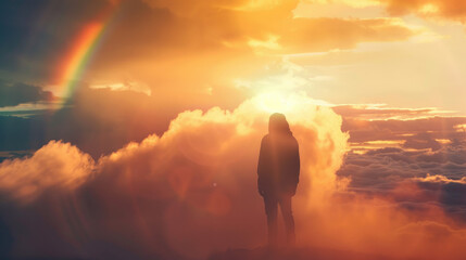 A person in a hooded jacket stands among clouds with a colorful rainbow against the backdrop of a golden, sunlit sky.