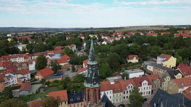 Aerial video around a church in Apolda, thuringia, Germany