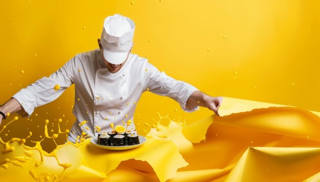 Chef, white uniform and hat, emerges energetically through tear in yellow paper, presenting sush