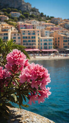 Picturesque French Riviera coastal town, seafront azaleas.