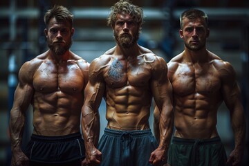 Three intensely muscular men strike strong poses in a gym setting, their defined bodies and serious expressions exemplifying sheer power, fitness, and dedication.