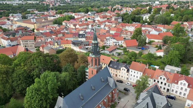 Aerial video around a church in Apolda, thuringia, Germany